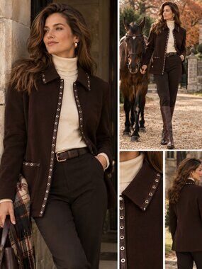 Vintage 90% Laine Wool Brown Long Line Blazer Jacket Coat Women Size 8/10